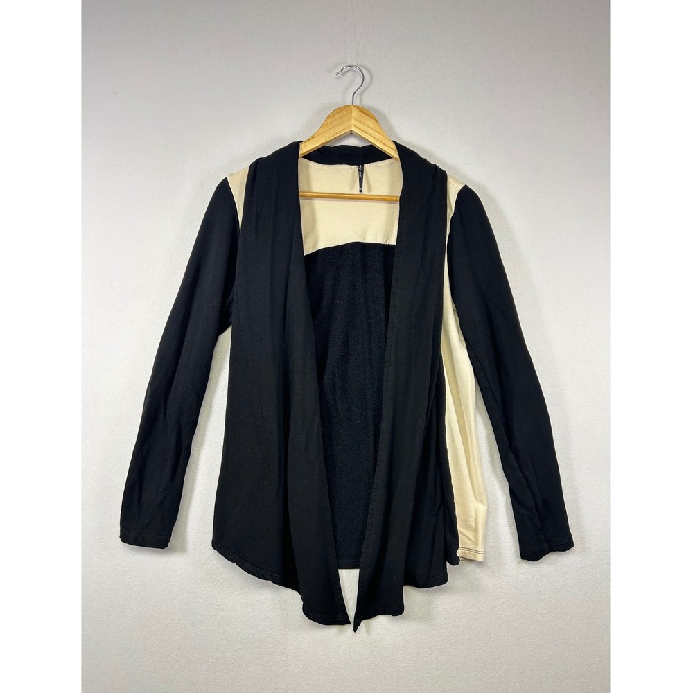 Modern Layering Open Front Cardigan Women S Black Cream Colorblock Bamboo Rayon